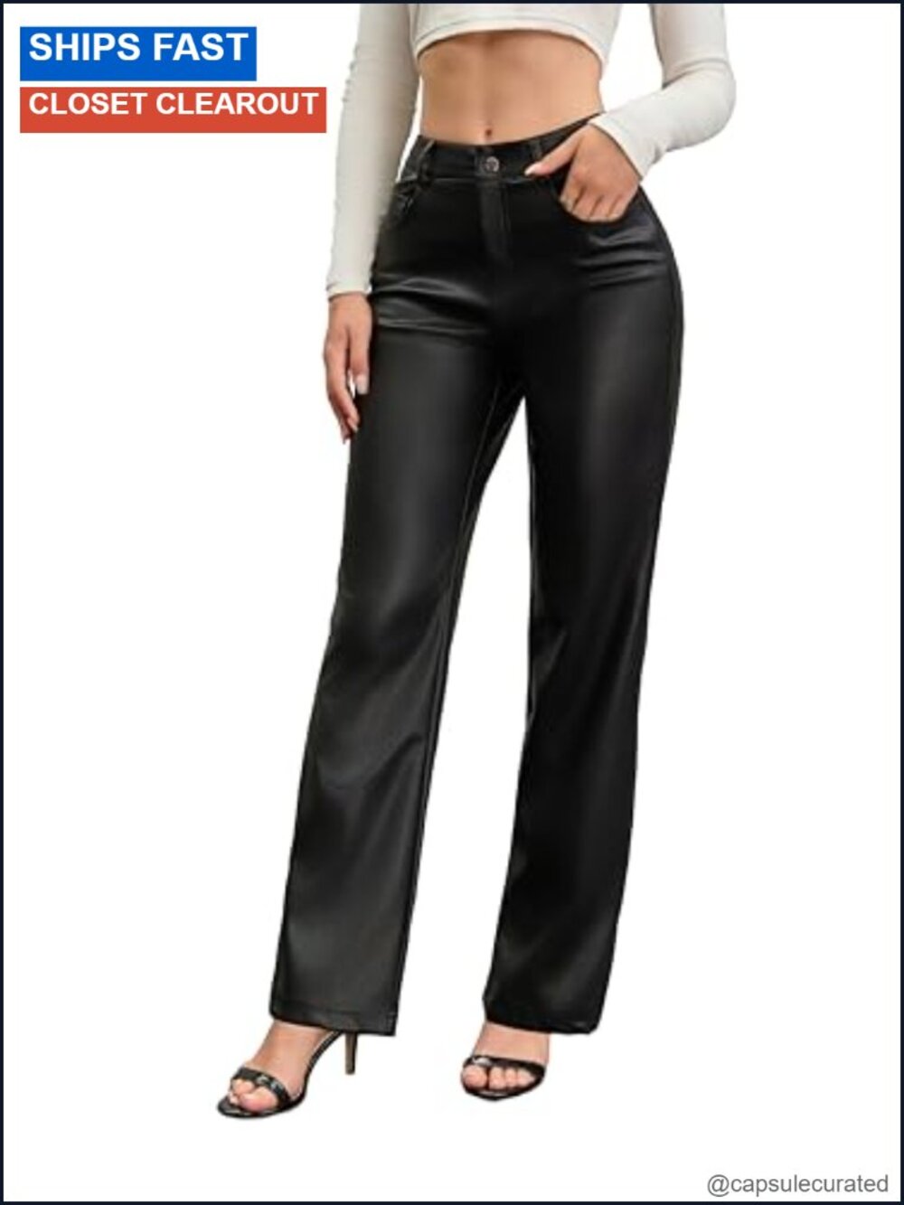 High Waist Faux Leather Pants PU Straight Wide Leg Trousers with Pockets